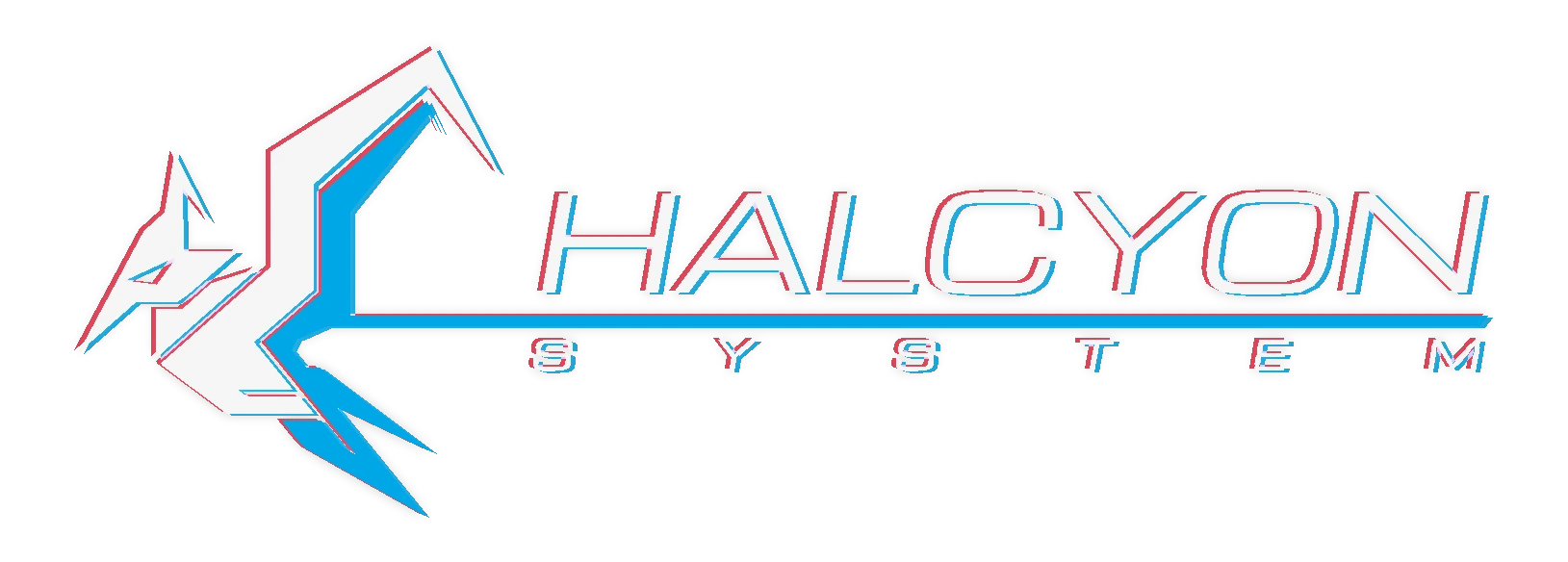 Halcyon System lockup, a white and cyan fox mark with glitch lettering